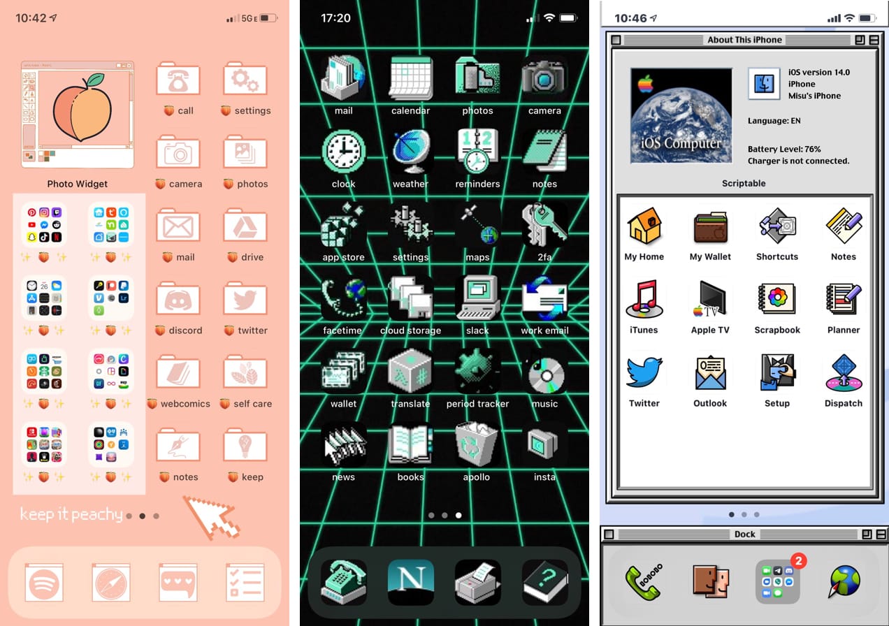 three customized iPhone homescreens