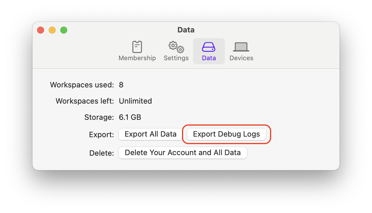 Export debug logs on Mac