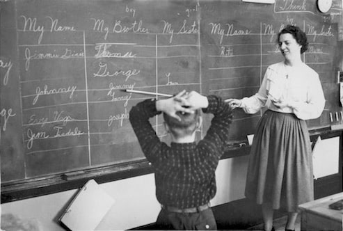 Teacher using a chalkboard