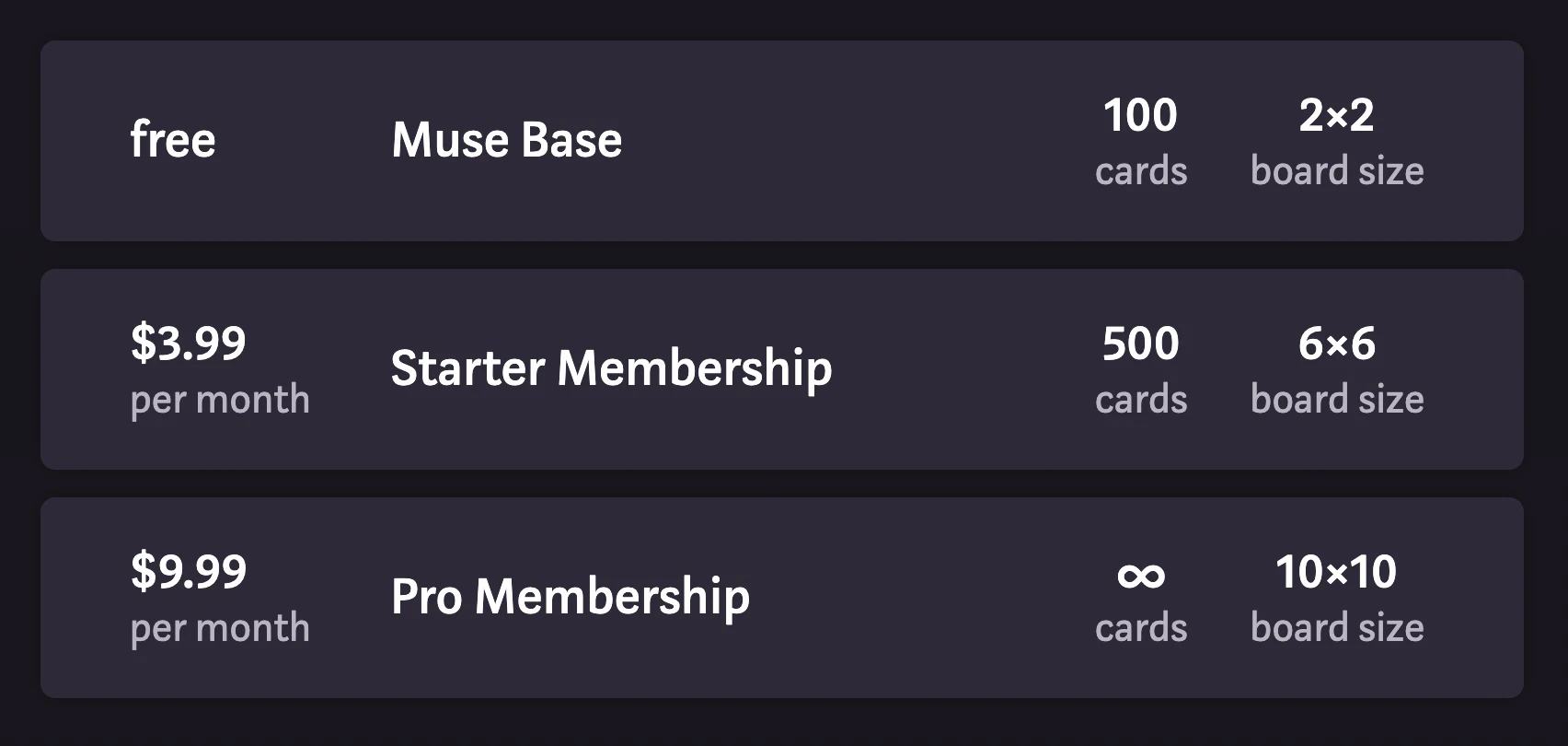Muse Base, Starter membership, and Pro membership
