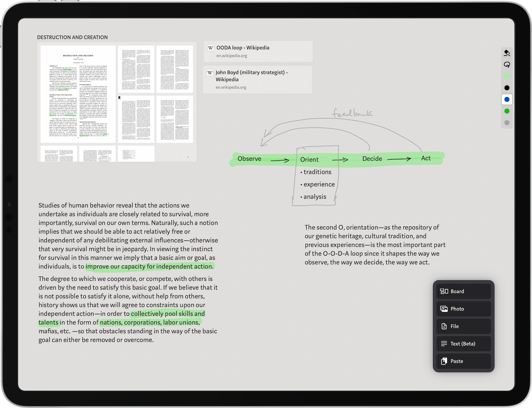 OODA in Muse with spatial and long-form text elements